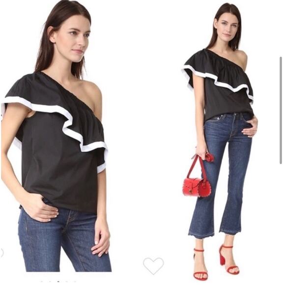MILLY One Shoulder Ruffle Blouse Black White Size M - Picture 8 of 8
